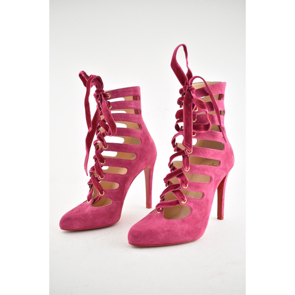 Christian Louboutin Spinetita 100 Loulou Pink Lace Up Sandal Heel Bootie 37.5 - Picture 10 of 12